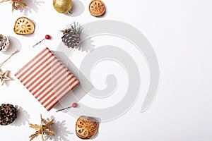 Christmas composition background with decorations and gift boxe on white background. winter, new year concept. Flat lay, top view