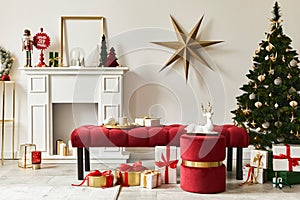 Christmas composition with beautiful decoration, christmas tree and wreath, deer, gifts and accessories in modern home decor.