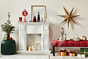 Christmas composition with beautiful decoration, christmas tree and wreath, deer, gifts and accessories in modern home decor.