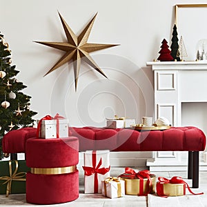 Christmas composition with beautiful decoration, christmas tree and wreath, deer, gifts and accessories in modern home decor.