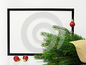 Christmas composition. Black frame and branches christmas tree,