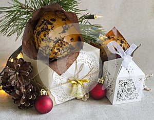 Christmas composition with Christmas dessert and a gift in retro style