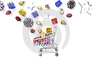 Christmas composition. Christmas gifts on cart, pine branches, t