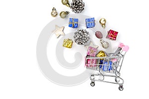 Christmas composition. Christmas gifts on cart, pine branches, t