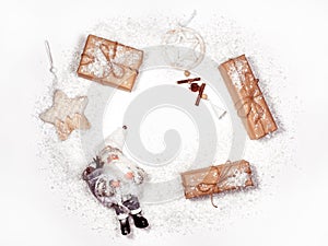 Christmas Composition. Christmas Gifts, Wood Decorations on White Background. Flat Lay, Top View, Copy Space. Rustic
