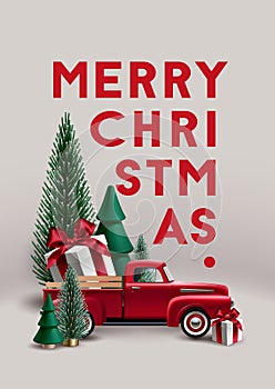 Christmas composition with christmas trees,  vintage toy red pickup truck and gift box.