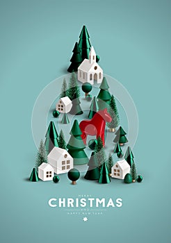 Christmas composition with Christmas trees, white houses and traditional red toy horse.