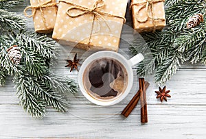 Christmas composition with coffee and gift boxes