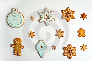 Collection set of gingerbread handmade with art painting on a white background. Isolated. Christmas, winter, New year.