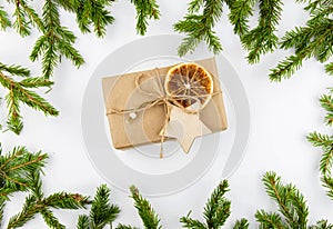 Christmas composition craft box gift. Eco-friendly gift wrapping and decor