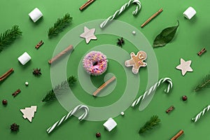 Christmas composition. Creative christmas background. Christmas decorations and fir branches create an ornament and