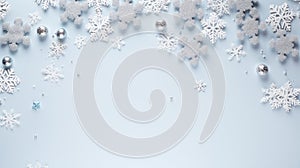 a Christmas composition, featuring a frame made of delicate snowflakes against a cozy gray background, the Christmas