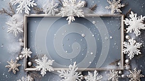 a Christmas composition, featuring a frame made of delicate snowflakes against a cozy gray background, the Christmas