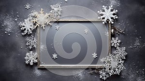 a Christmas composition, featuring a frame made of delicate snowflakes against a cozy gray background, the Christmas