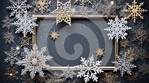 a Christmas composition, featuring a frame made of delicate snowflakes against a cozy gray background, the Christmas