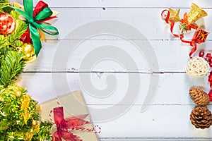 Christmas composition festive background. Christmas decorations and xmas gift boxes on wooden white table. Celebration for holiday