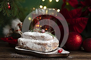 Christmas composition with festive traditional stollen. Christmas and New Year home holidays concept