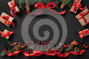 Christmas composition of fir branches, pine cones, berries, gifts and red slack, on black stone background