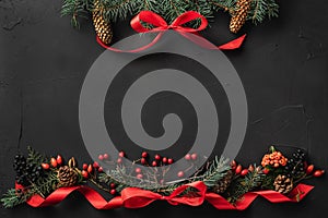 Christmas composition of fir branches, pine cones, berries, gifts and red slack, on black stone background