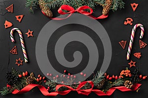 Christmas composition of fir branches, pine cones, berries, gifts and red slack, on black stone background