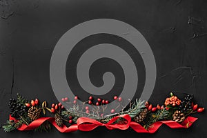 Christmas composition of fir branches, pine cones, berries, and red slack, on black stone background