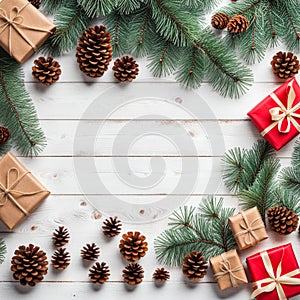 Christmas Composition: Fir Tree Branches, Gifts, Pine Cones on Wooden White Rustic Background Generative AI