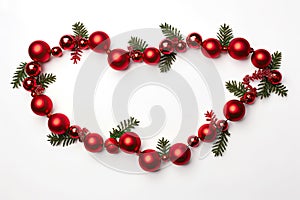 Christmas composition. Garland made of red balls and fir tree branches on white background