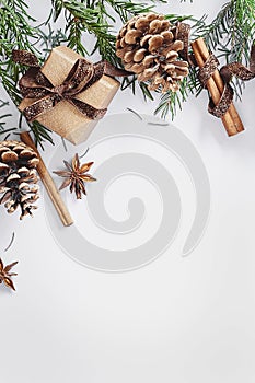 Christmas and New Year composition. Gift box with ribbon, fir branches with cones, star anise, cinnamon on white background