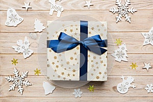 Christmas composition. Gifts box with new year decorations on colored background. Christmas, winter, new year concept