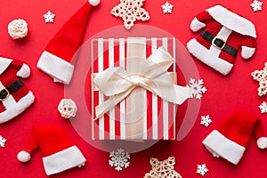 Christmas composition. Gifts box with new year decorations on colored background. Christmas, winter, new year concept