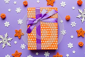 Christmas composition. Gifts box with new year decorations on colored background. Christmas, winter, new year concept