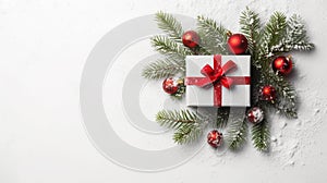 Christmas composition. Gifts, fir tree branches, red decorations on white background. Christmas, winter, new year concept. Flat