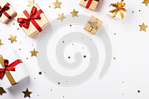 Christmas composition, gifts, gold decorations on white background.