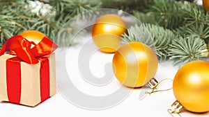 Christmas composition. Gifts, spruce branches, yellow decorations on a white background. winter, new year concept