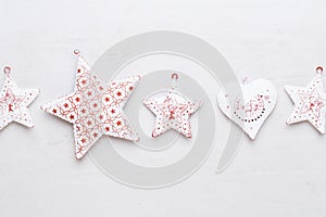 Christmas composition. Gifts, stars decorations on white background. Christmas, winter, new year concept. Flat lay, top view,