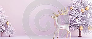 A Christmas composition with a gold metallic reindeer on a pastel violet background. The idea is creative. A 3D render