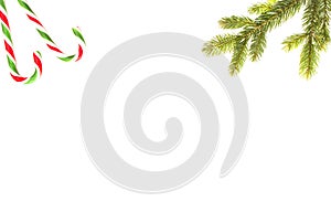 Christmas composition. Green fir twings and candy canes on white background. Top view, flat lay. Copy space for text