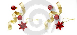 Christmas composition with Isolated Christmas gold ribbon and red christmas tree ball on transparent background. Flat lay, top