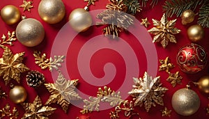 Christmas composition made of christmas gold decoration on red background. v9