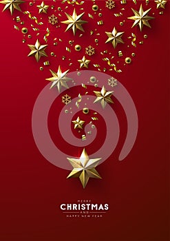 Christmas composition made of cutout gold stars, beads and glittery snowflakes on a bright red background.