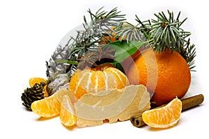 Christmas composition with Mandarin oranges citrus