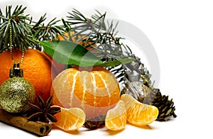 Christmas composition with Mandarin oranges citrus