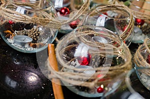 Christmas composition. New Year flat lay with red decorations, glass balls with twine.