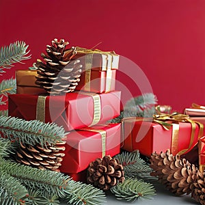 Christmas composition of pine cones, spruce branches and stack of gift boxes on red background