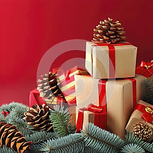 Christmas composition of pine cones, spruce branches and stack of gift boxes on red background