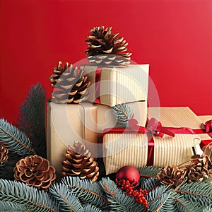 Christmas composition of pine cones, spruce branches and stack of gift boxes on red background