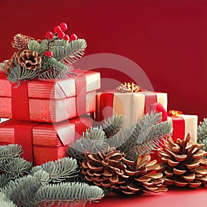 Christmas composition of pine cones, spruce branches and stack of gift boxes on red background