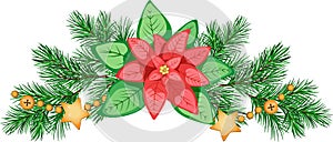 Christmas composition with poinsettia, fir branches, and golden garland. Merry Christmas Clip Art