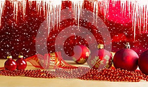 Christmas Composition. Red Baubles On Holiday Background With Icicles