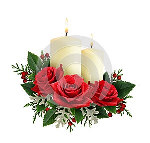 Christmas composition with red rose flowers and candles